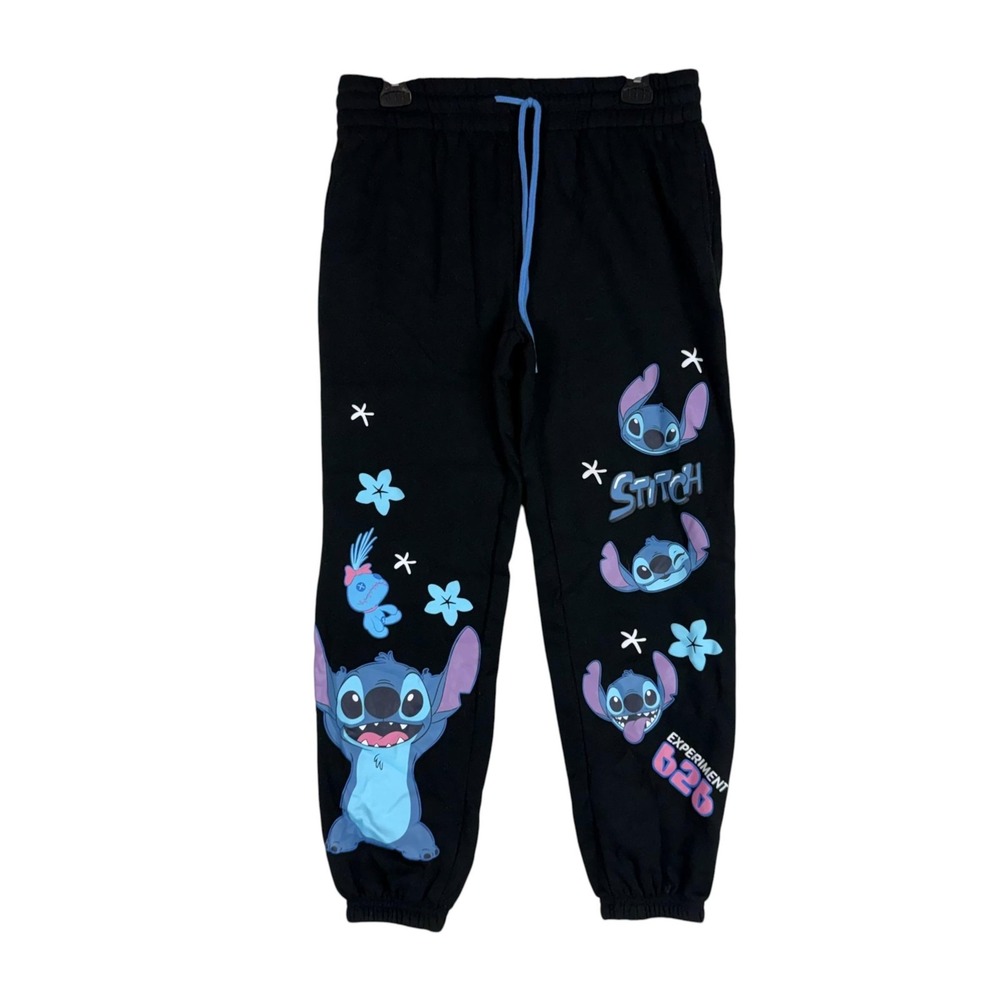 Disney Stitch Sweatpants Kids 8-10 Black Fleece Jogger Graphic Experiment 626